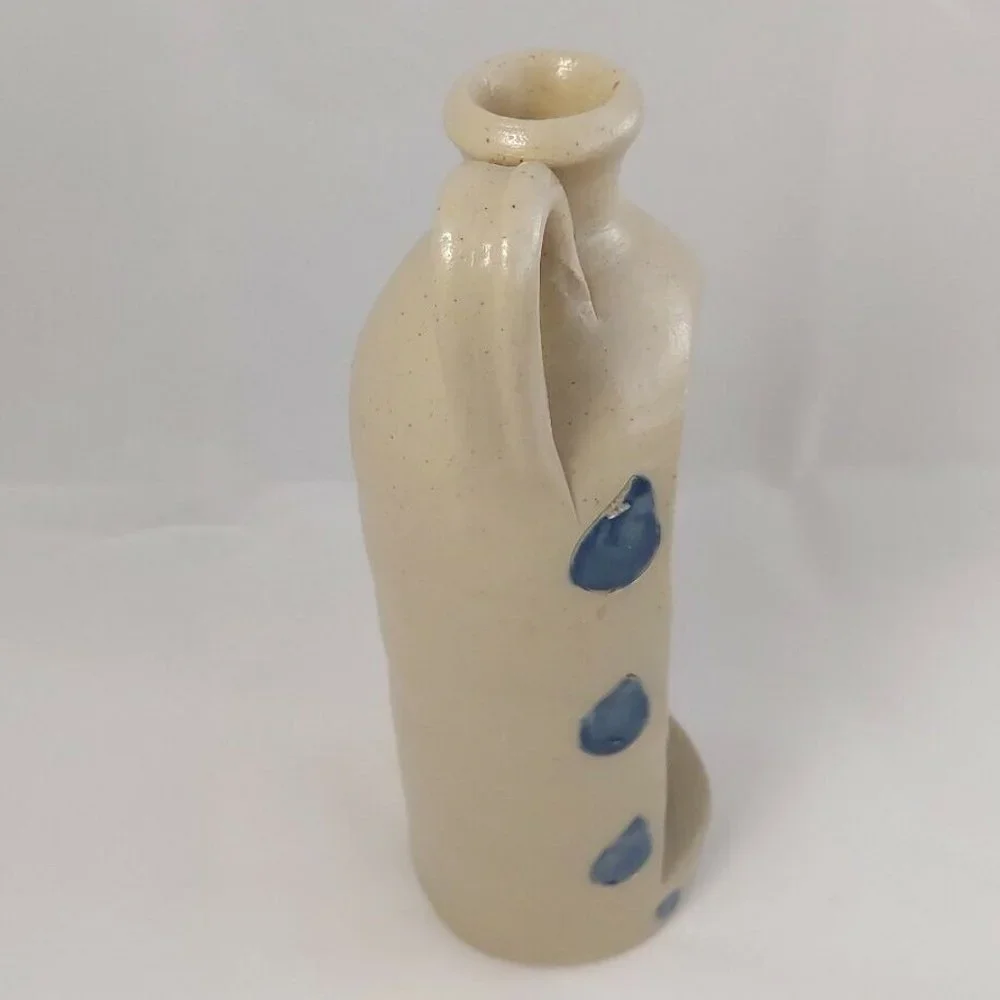 Vtg Pottery Salt Glaze Blue Candle Jug/Hurricane Lamp 8.5